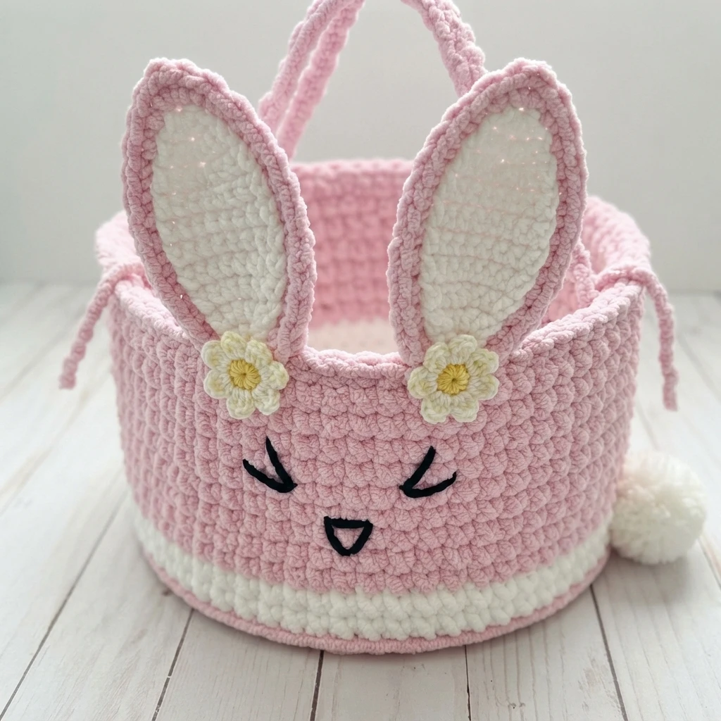 Pink and white crochet bunny basket with upright ears, small daisies at the ear bases, embroidered closed eyes and a white pom-pom tail