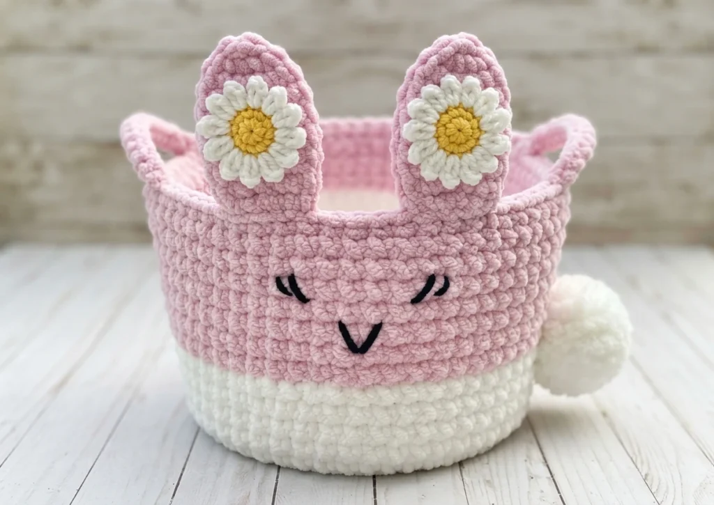 Pink and white crocheted bunny basket with upright ears decorated with daisy flowers, an embroidered smiling face and a white pom-pom tail, on a white wooden surface