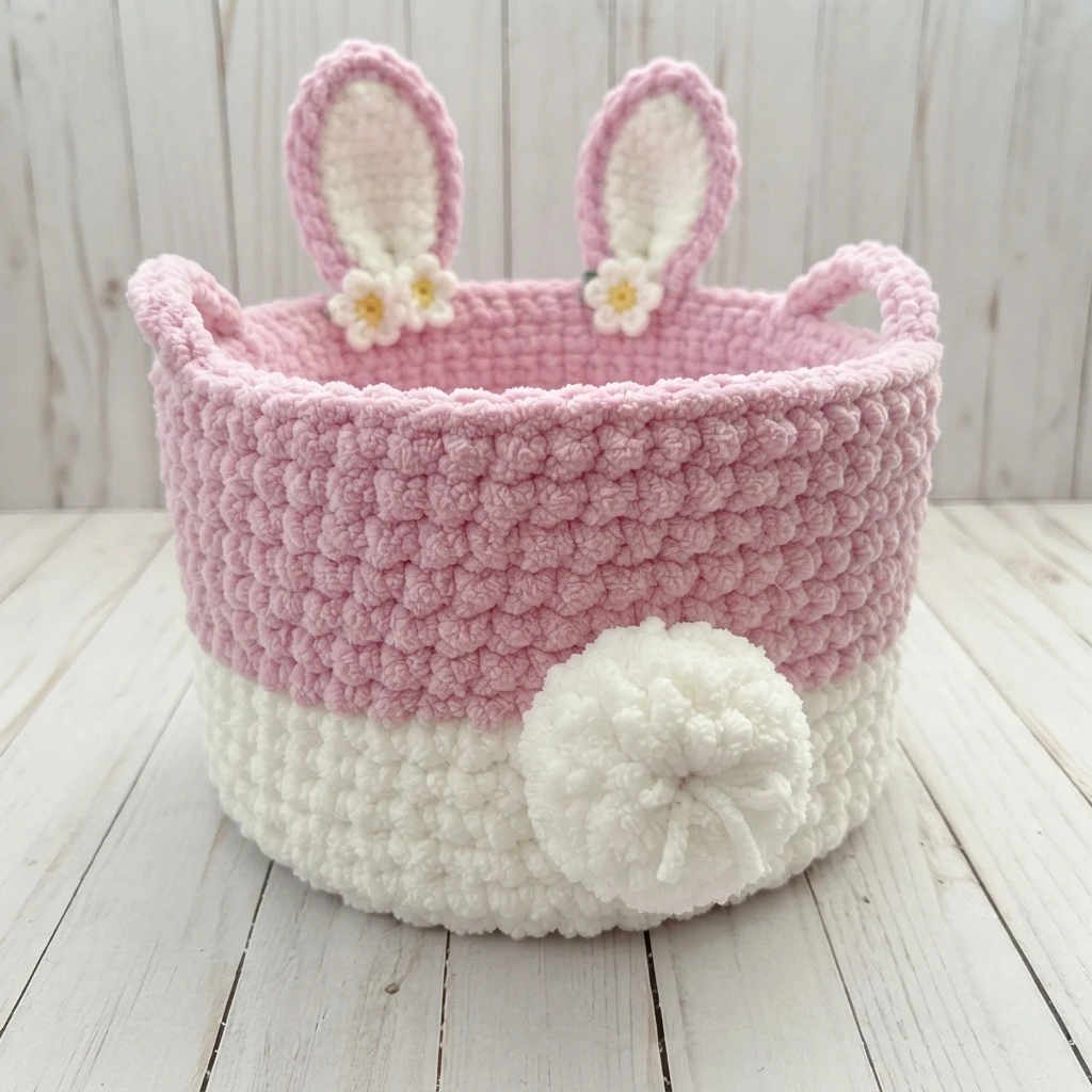Crocheted pink and white bunny Easter basket with long bunny ears, small daisy appliques, and a white pom-pom tail