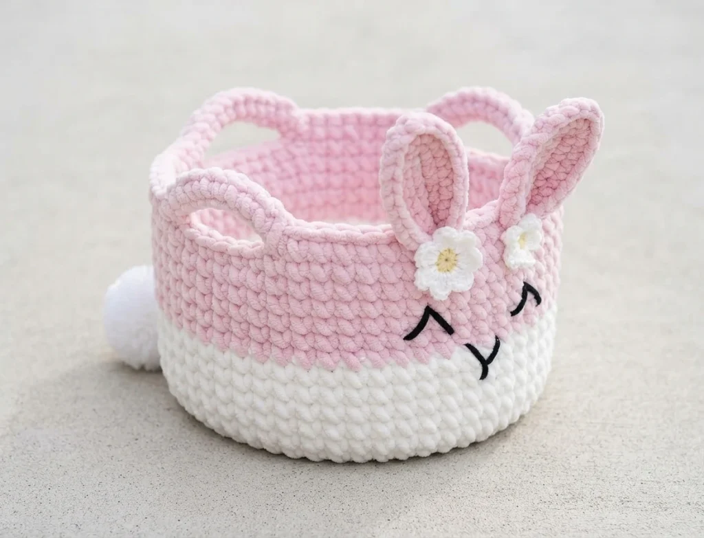 Crocheted pink and white bunny basket with upright ears, small daisy appliques, embroidered face and white pompom tail.