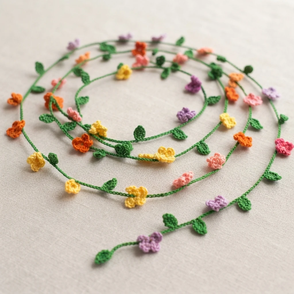 Long crocheted green vine coiled in a spiral with small orange, yellow, pink and purple flowers and green leaves on a light fabric background