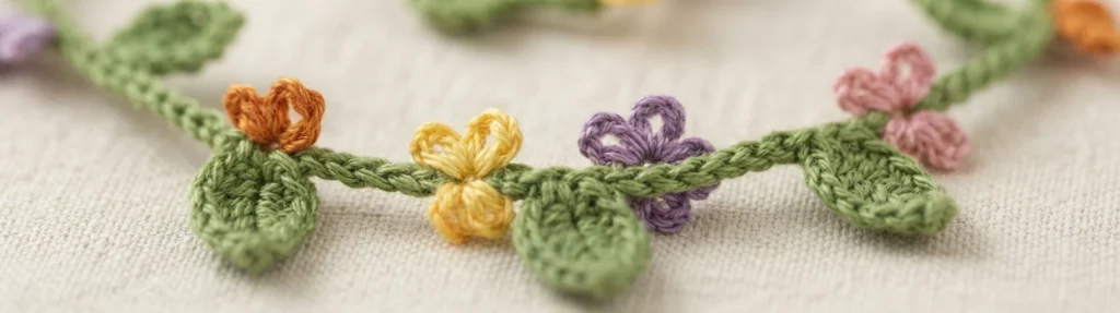Close-up of a green crocheted vine with small leaves and tiny orange, yellow, purple and pink flowers on light fabric