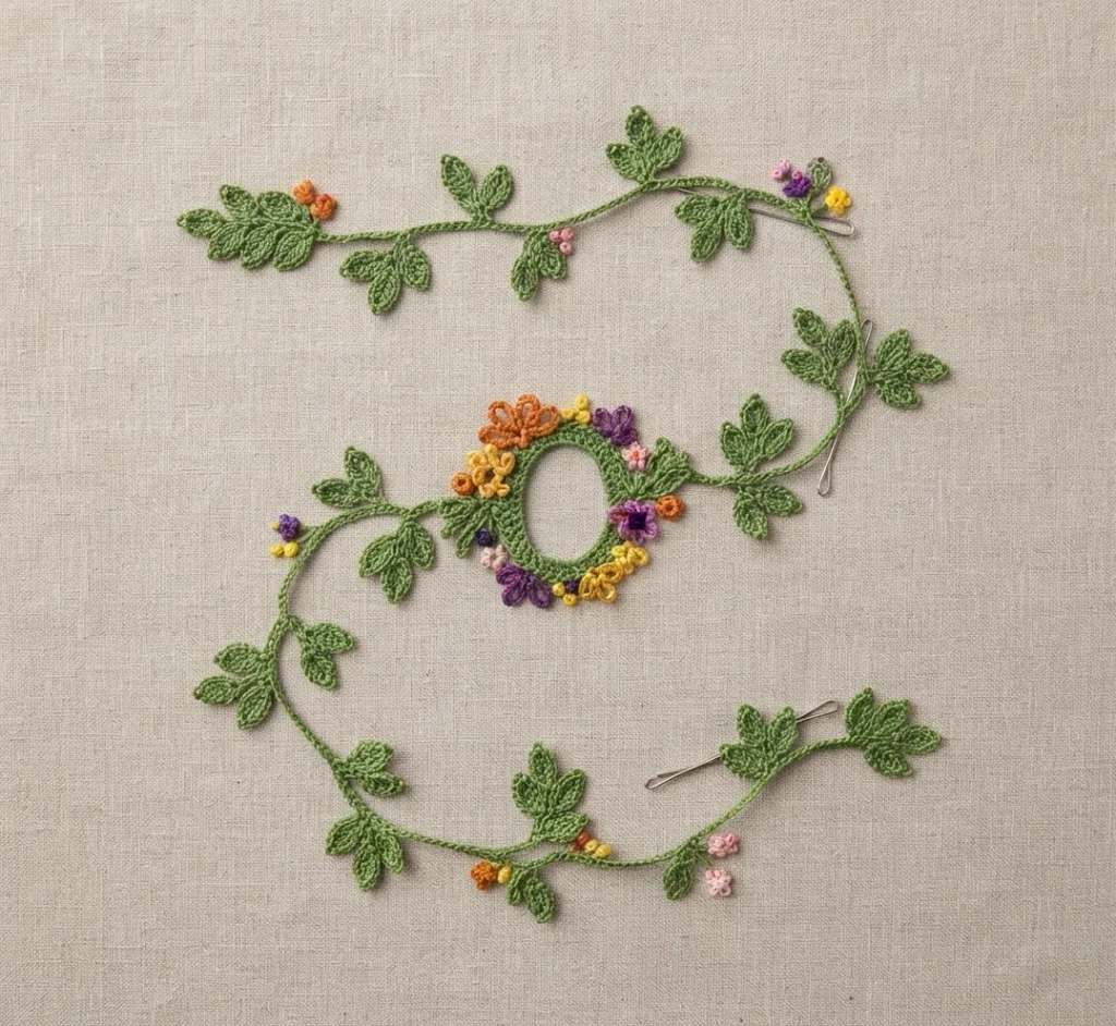 Crocheted green vine with leaves and small orange, yellow, purple and pink flowers on beige fabric, with hair pins and a flower covered central loop
