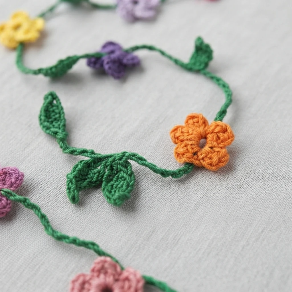 Green crocheted flower vine with small leaves and orange, purple, yellow and pink flowers on light fabric