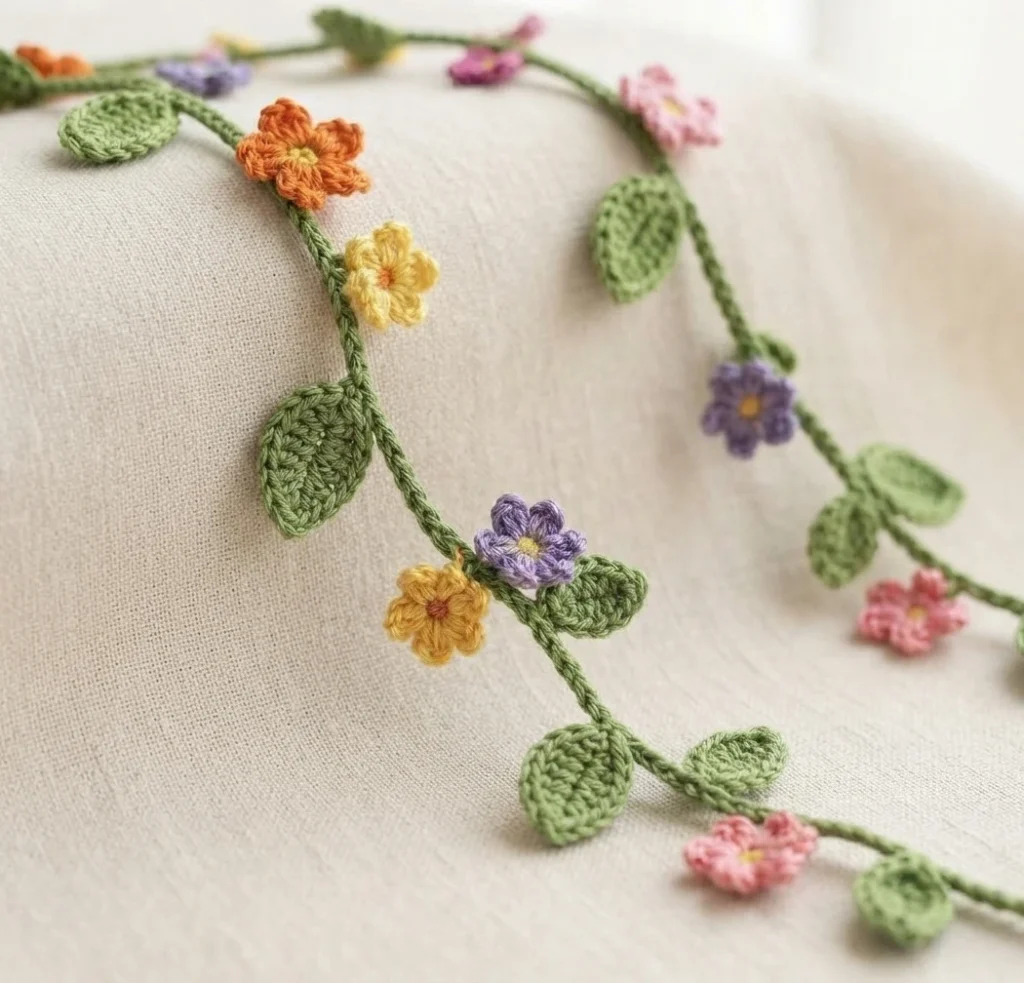 Crocheted green vine decorated with small colorful flowers and leaves displayed on light beige fabric