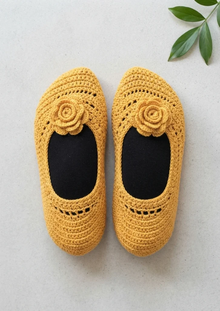 Pair of mustard yellow crocheted ballet-style slippers with small crocheted roses on the instep, flat lay on a light surface with green leaves in the corner.