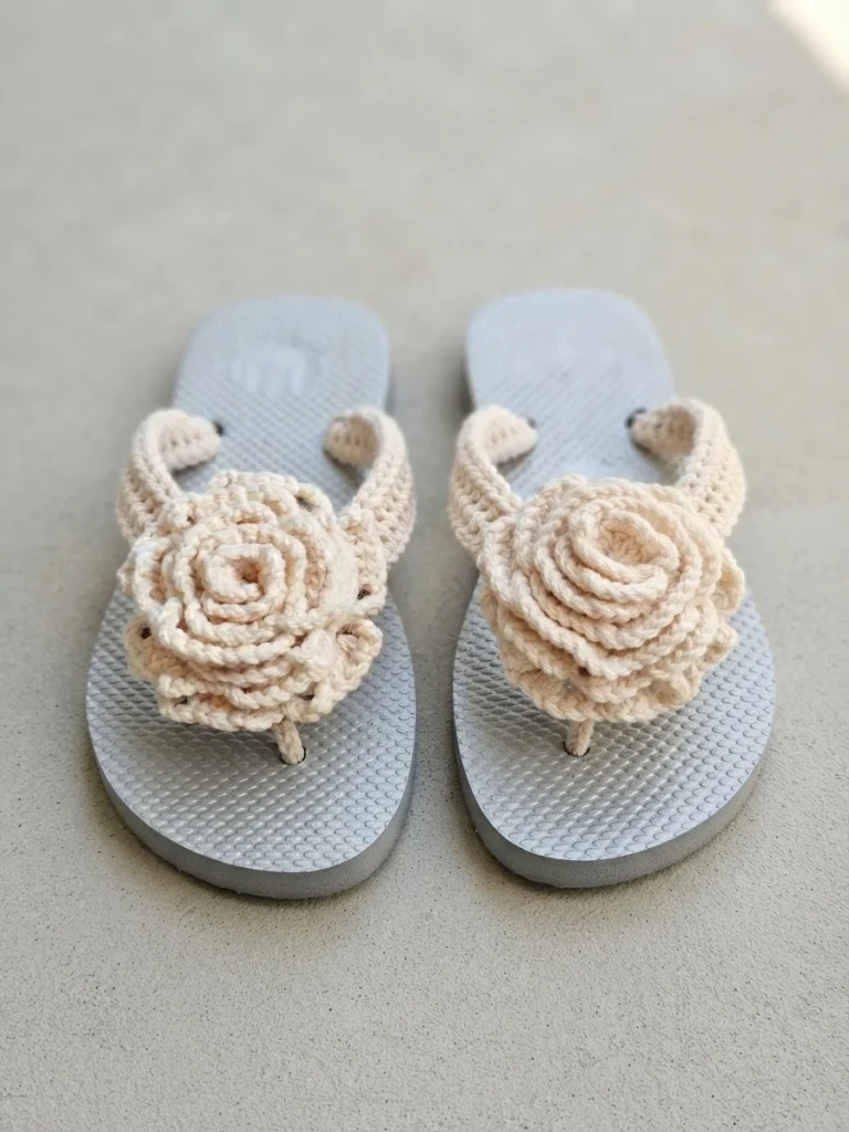 Pair of white flip-flops with cream crochet straps and large crochet roses, photographed from the front on a light surface.