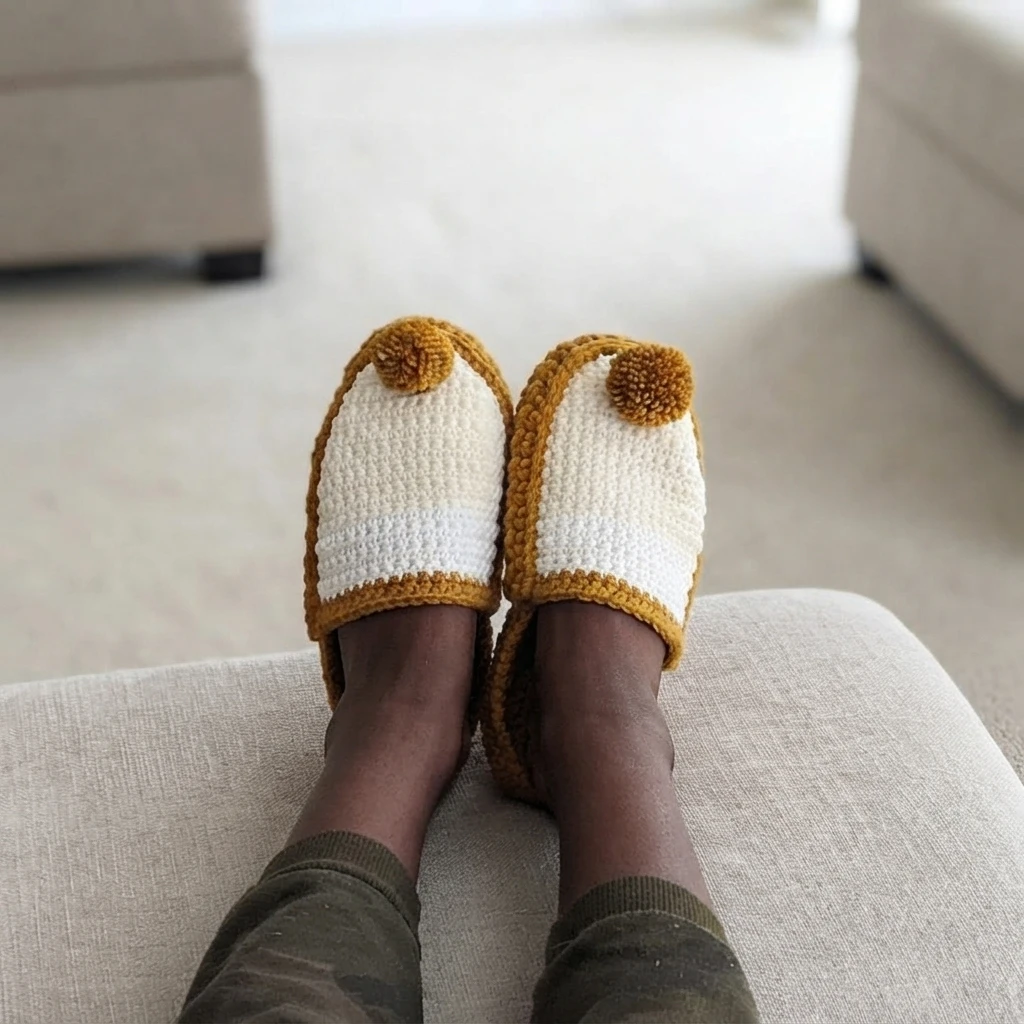 Feet wearing white crochet slippers with gold edging and a round gold pom-pom on each toe