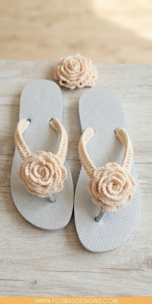 Pair of light grey flip flops with cream crochet straps and large crochet roses, with an extra crochet rose above them on a wooden surface.