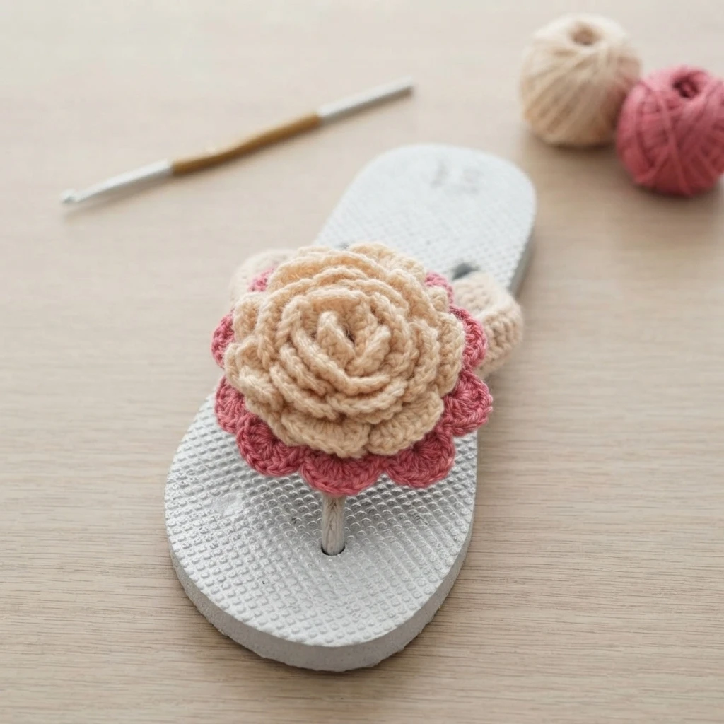 A white flip flop with a peach crochet rose and pink petals on its strap, placed on a wooden surface beside a crochet hook and two balls of yarn