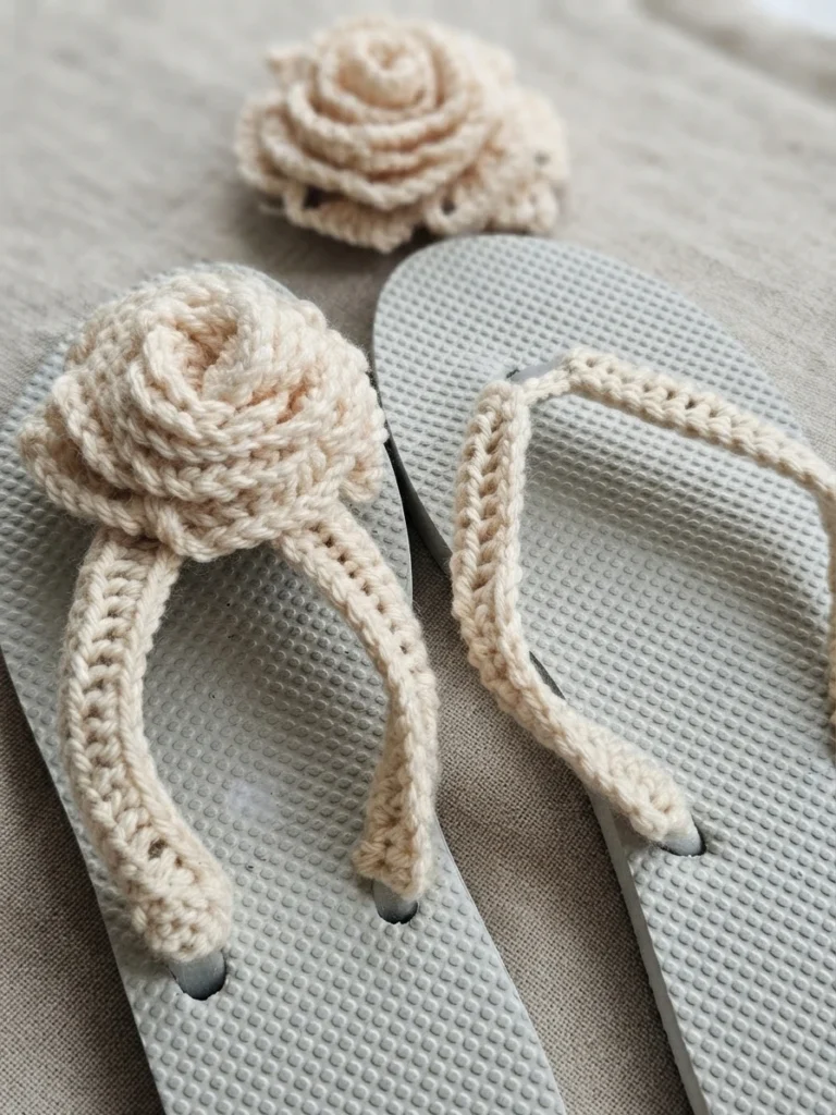 Pair of light grey flip flops with cream crochet straps and a large cream crochet rose on one slipper, plus a loose crochet rose beside them
