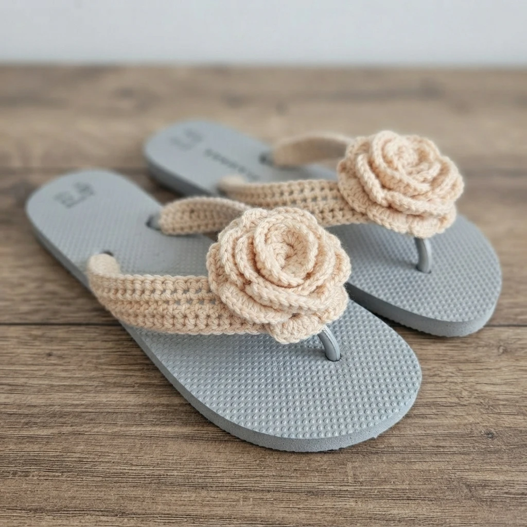 Pair of light grey flip flops with beige crochet roses on the straps on a wooden surface