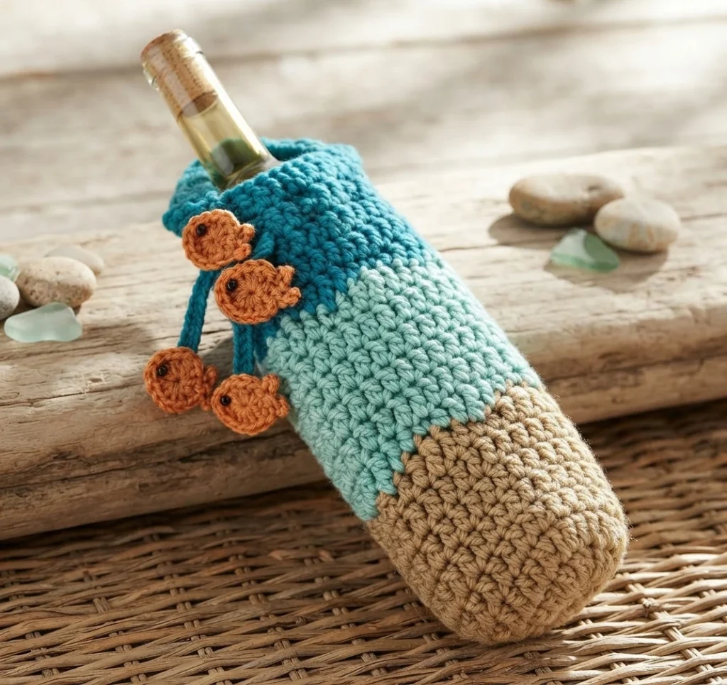 Crochet wine bottle bag in tan, light blue and teal with small orange fish appliques on the tie, styled on driftwood