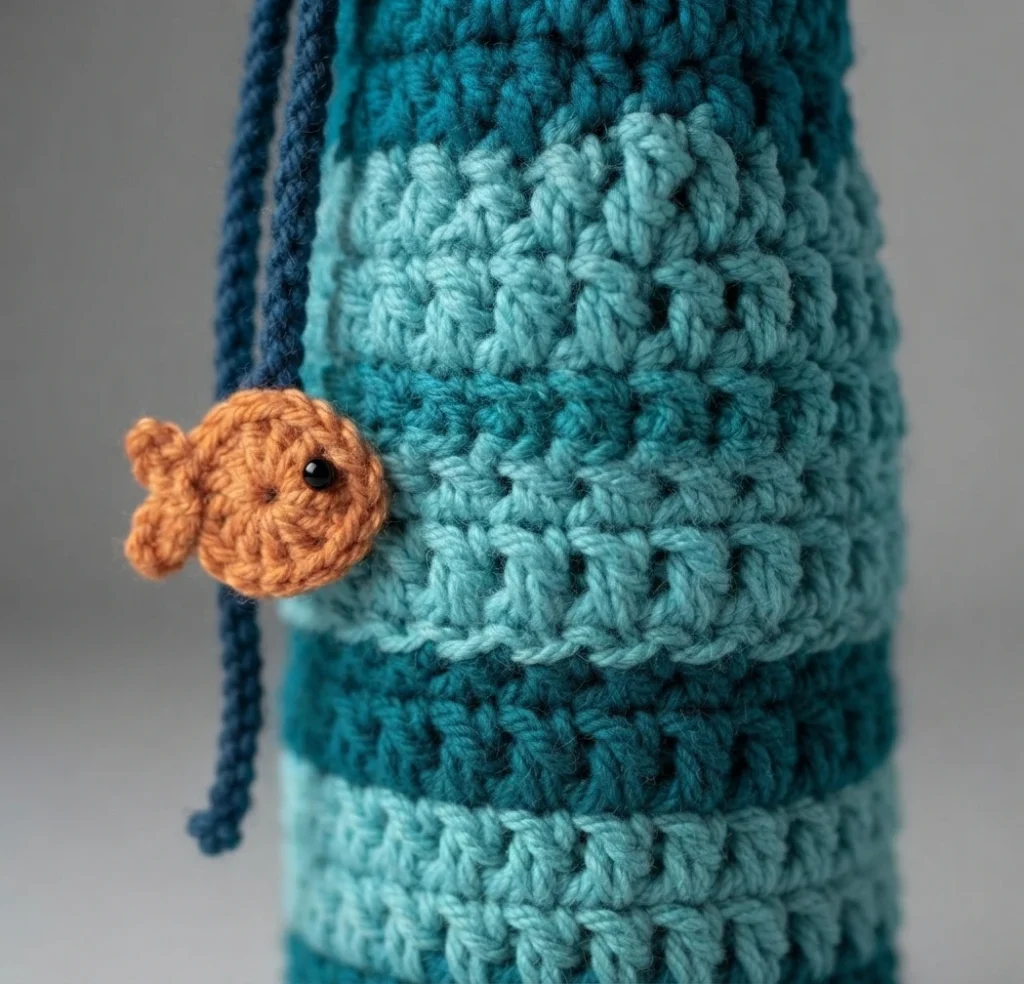 Close-up of a crocheted wine bottle cozy in teal and aqua stripes with a small orange crocheted fish on a dark blue tie