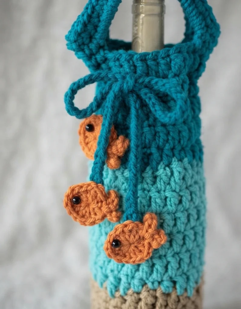 Close-up of crocheted wine bottle cover in beige, light blue and dark teal with blue tie in a bow and small orange fish appliques