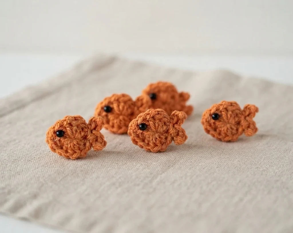 Five small orange crocheted fish with black bead eyes lying on a beige cloth