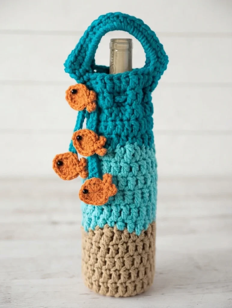 Crocheted wine bottle cozy with a tan sand-colored base, light blue wavy band, teal top, teal handle, and four small orange fish with button eyes sewn along a blue tie