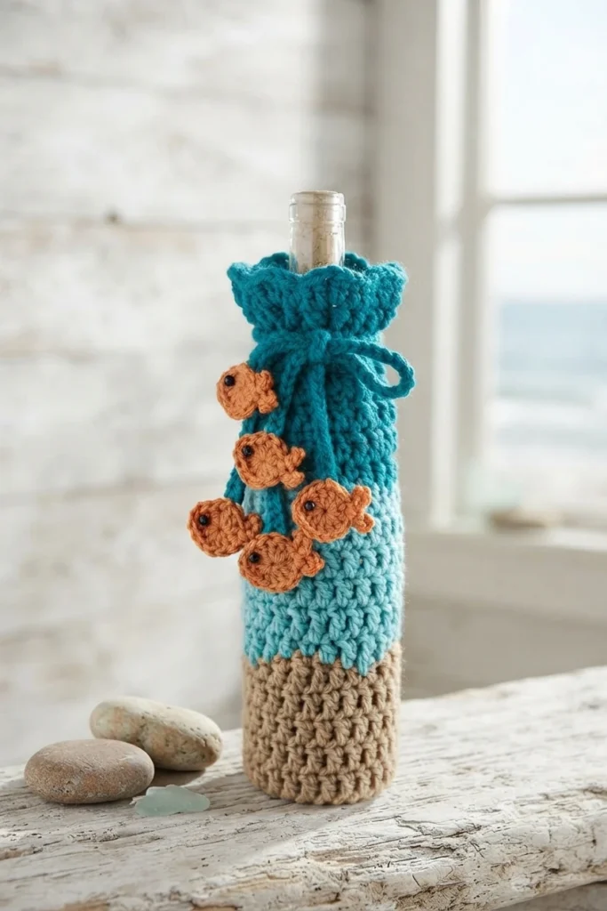 Crocheted wine bottle cozy in sand beige, light blue and teal with small orange fish appliques tied around the neck, placed on weathered wood