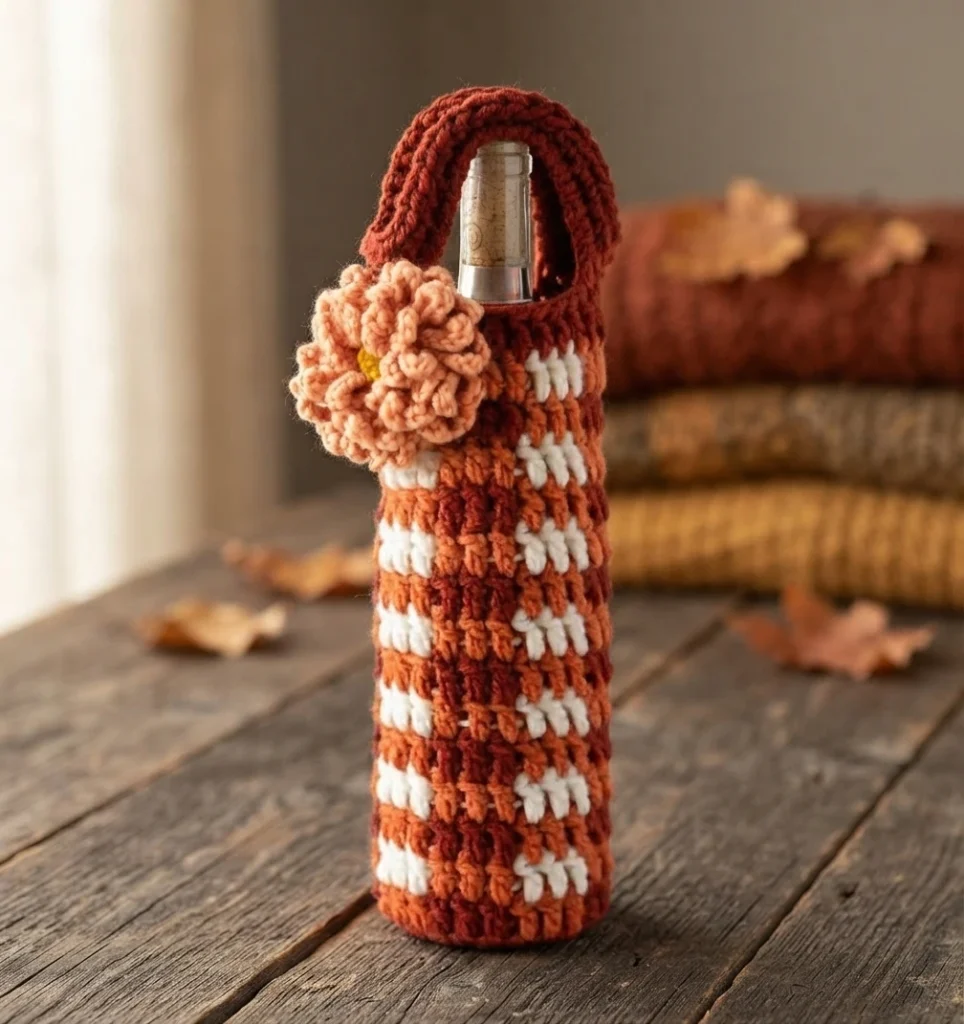 Crochet wine bottle bag worked in rust, orange and cream plaid, topped with a loop handle and a large flower accent, shown holding a bottle on a wooden table with autumn leaves and folded blankets behind it.