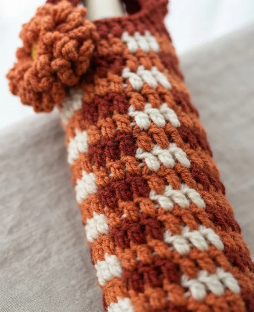 Crocheted wine bottle bag in orange, rust and cream plaid, with a crocheted flower accent near the bottle neck, photographed close up at a slight angle on a bottle