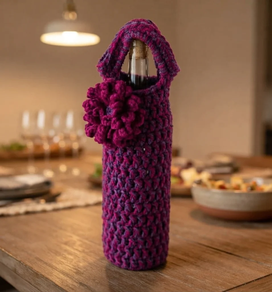 Crocheted wine bottle cozy in purple and magenta with a large crocheted flower on the left side and a handle over the neck, shown on a wine bottle on a wooden table with glasses, plates and a lamp blurred in the background.