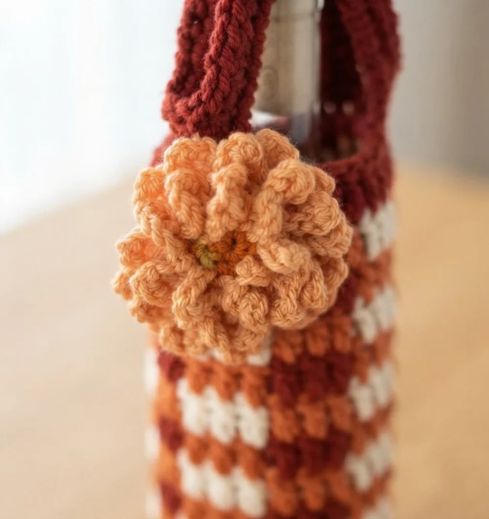Close-up of a loopy crocheted flower in light orange with a gold center, attached at the neck of a plaid crochet wine bag whose striped body is blurred behind it.
