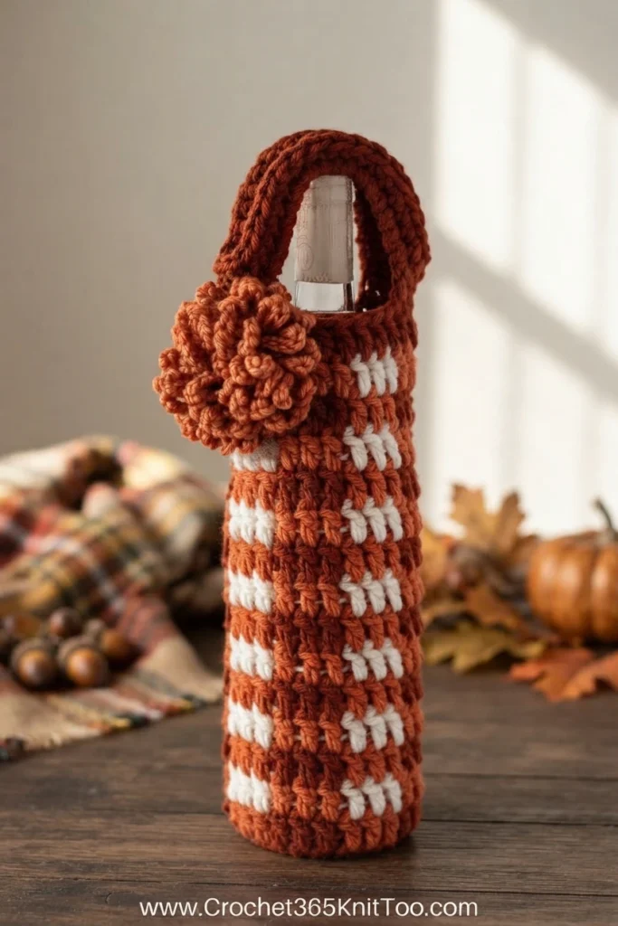 Crochet wine bottle cozy in rust, orange and white plaid stripes with a large crocheted flower at the neck and a curved handle, standing on a wooden table surrounded by autumn leaves, acorns and small pumpkins.