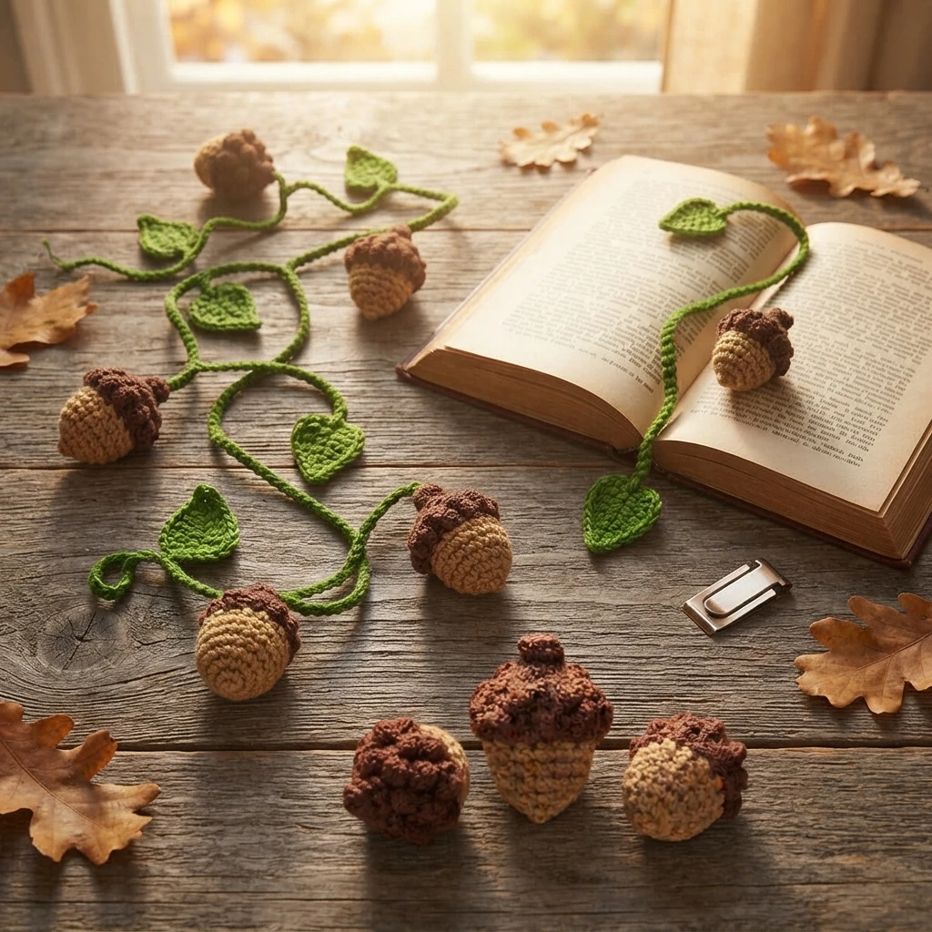 Guirlande et marque-page au crochet ornés de glands bruns et beiges et de feuilles vertes, disposés près d’un livre ouvert.
