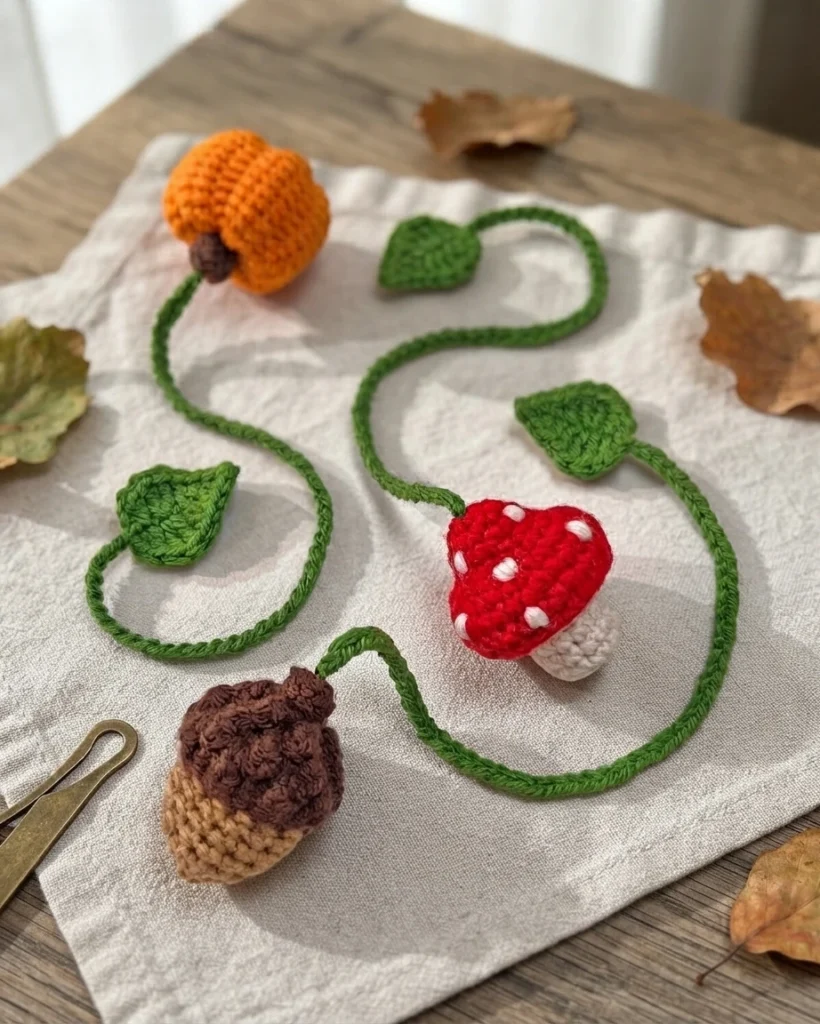 Une guirlande crochetée avec une citrouille orange, un champignon rouge et blanc, un gland brun et des feuilles vertes, posée sur un tissu avec des feuilles d’automne et des ciseaux.
