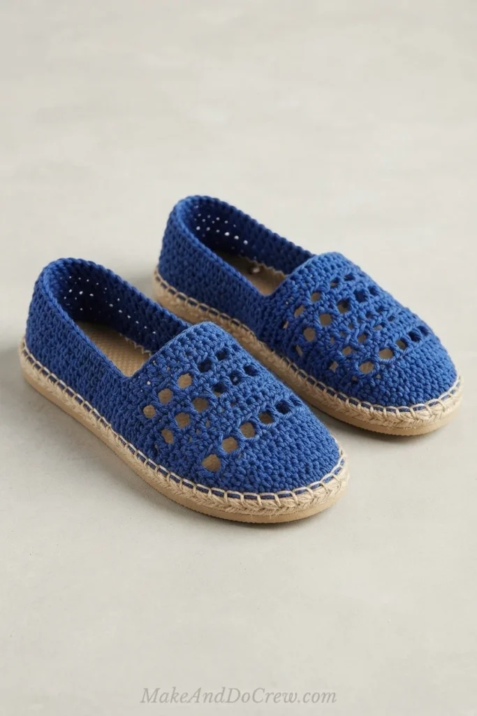 Pair of blue crochet slip-on shoes with openwork toes and tan soles on a light background.