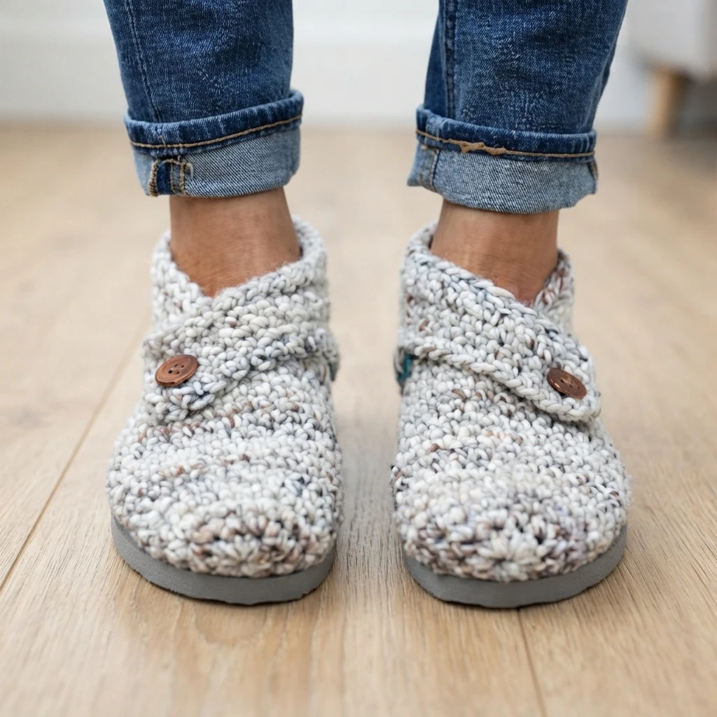 Close-up of a person wearing chunky heather grey crocheted slippers with wooden buttons and flip-flop style soles, with cuffed blue jeans.