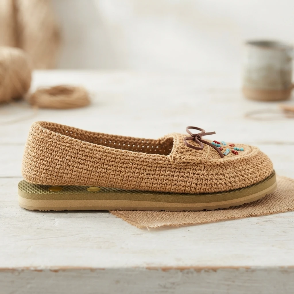 Side view of a tan crochet slip-on shoe with a flip flop rubber sole, brown bow and small red and turquoise bead detail on the toe, on a white wooden table.