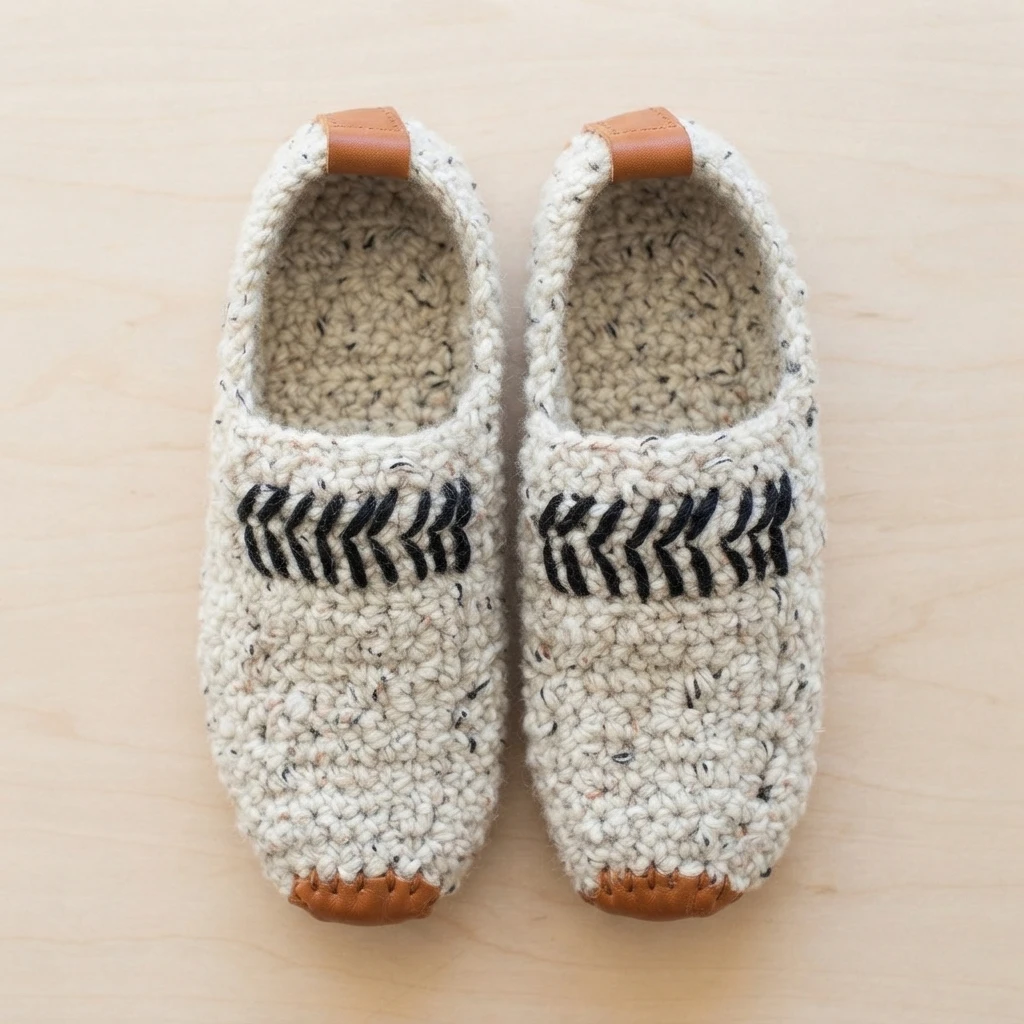 Pair of cream speckled crochet slip-on slippers with black chevron stitching and brown leather toe and heel details, viewed from above on a light wood surface