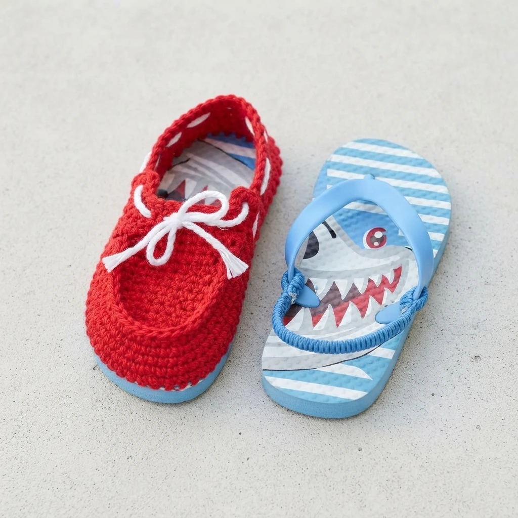 Red crocheted toddler boat shoe with a white cord bow beside a blue-striped shark-print flip flop on a light textured surface.