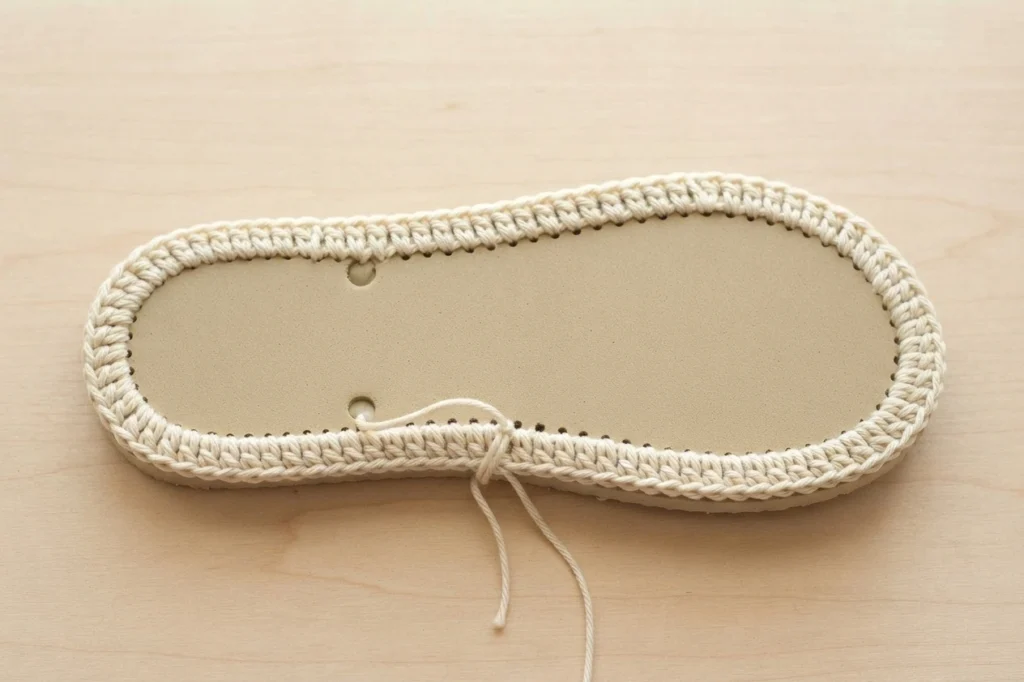 Flip flop sole edged with a cream single-crochet foundation round worked through the holes around the sole, yarn tails left loose.