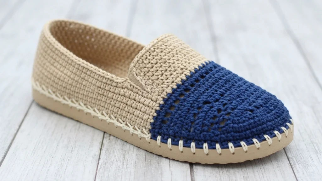 Crochet slip-on shoe in beige and blue with lacy toe, whipstitched onto a beige rubber flip flop sole, on a whitewashed wooden surface.