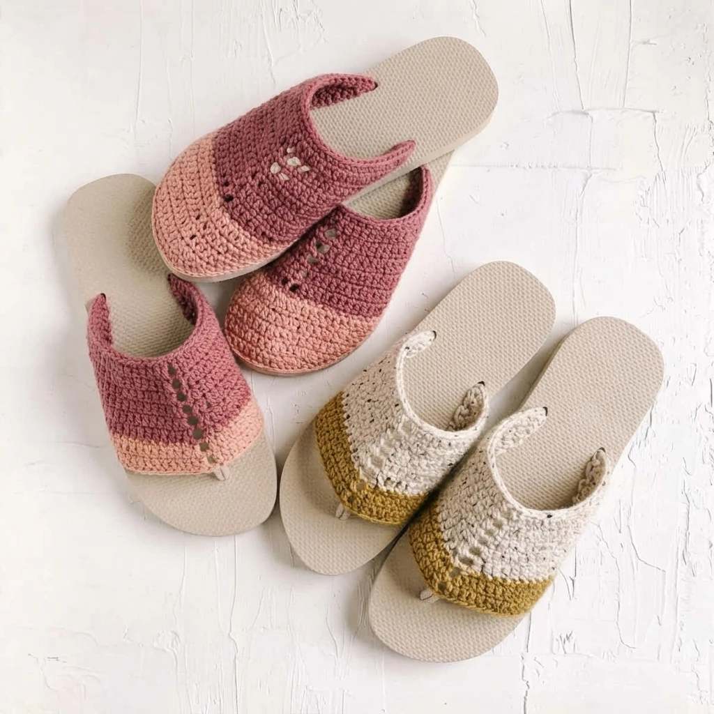 Four pairs of crocheted flip-flop sandals in mauve, peach, cream and mustard color blocks arranged on a white surface.
