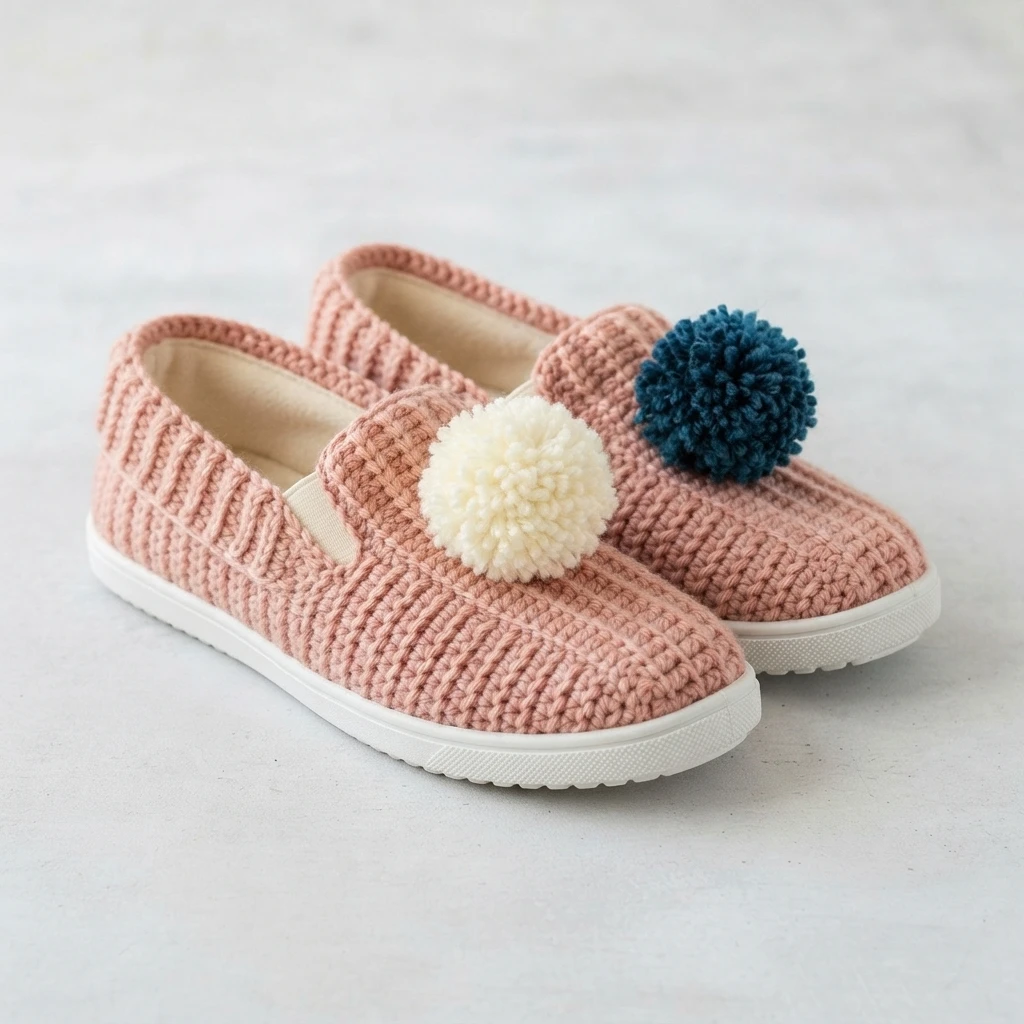 Pair of pink crochet slip-on shoes with white rubber soles, one with a cream pom-pom and one with a dark blue pom-pom