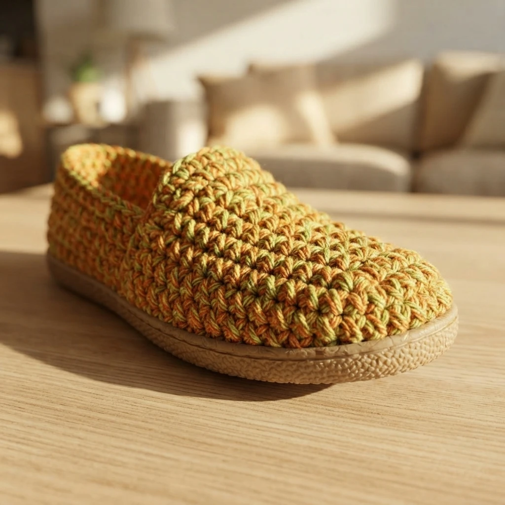 Close-up of a handmade crochet slip-on shoe in variegated orange and green yarn with a tan rubber sole, resting on a wooden table with a blurred living room behind.