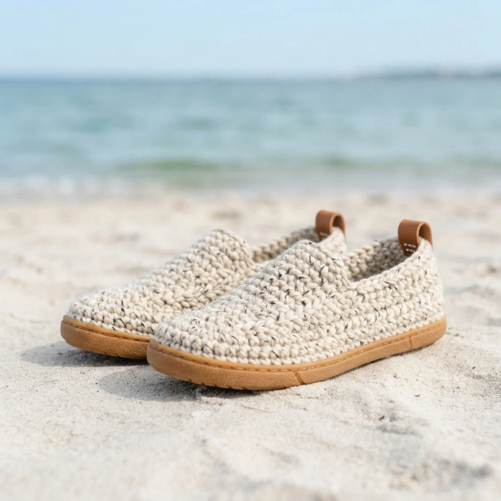 Pair of beige speckled crochet slip-on shoes with tan rubber soles and leather heel tabs on sandy beach with blurred sea behind