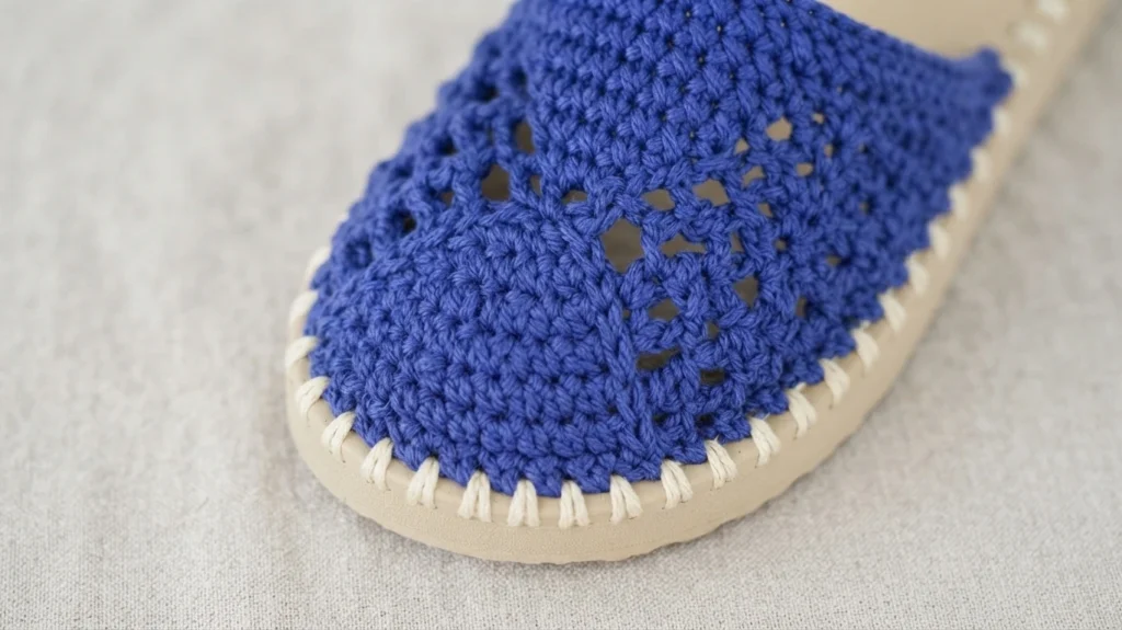 Close-up of the toe of a blue crocheted slip-on shoe with openwork details and cream stitching along the beige rubber sole