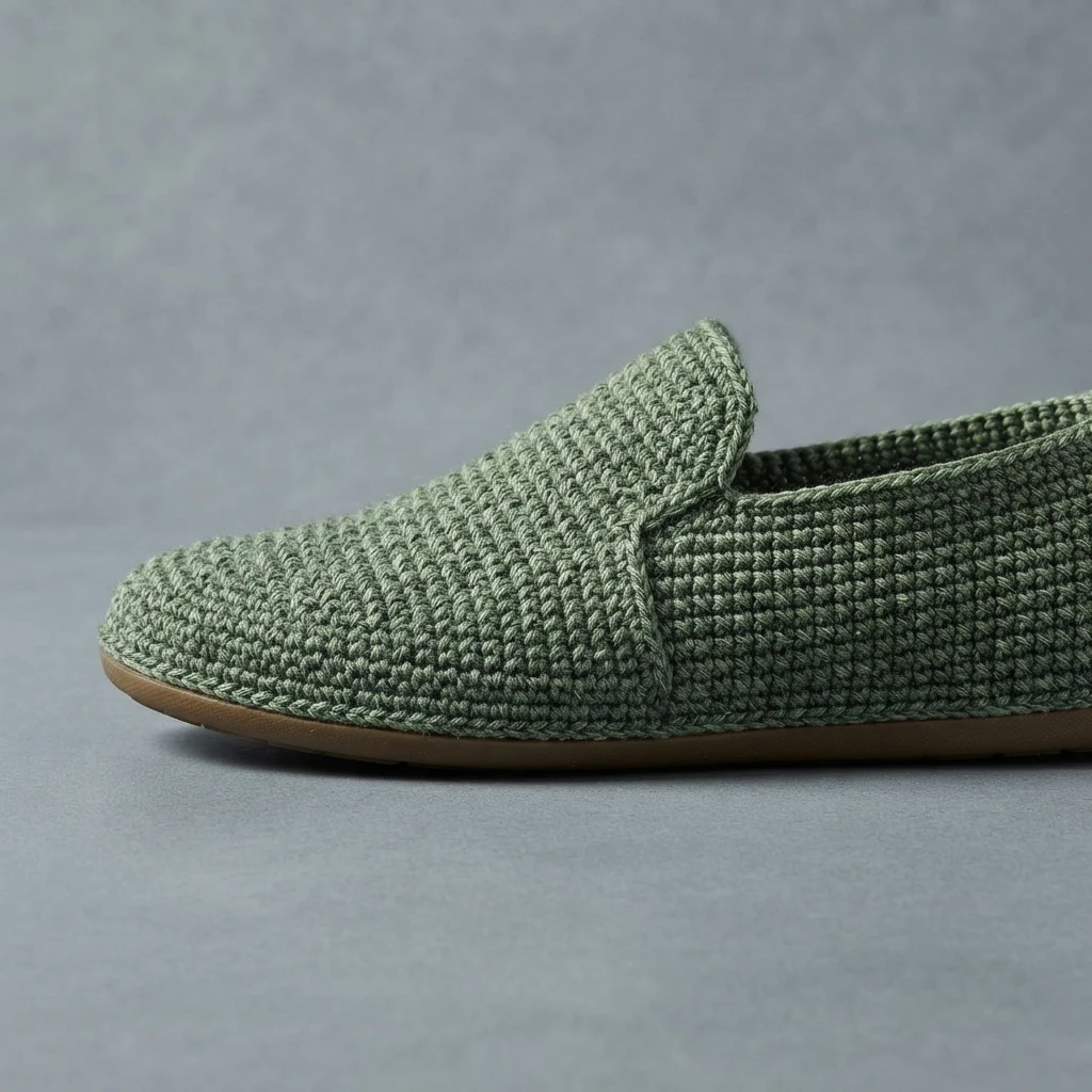 A sage-green crochet slip-on shoe with a rubber sole, shown in side profile against a plain grey studio background.