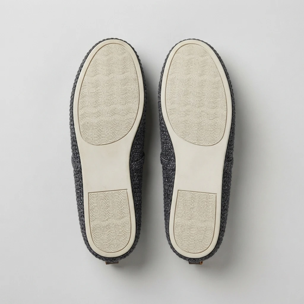 Top-down view of the rubber soles of two dark gray crochet slip-on shoes on a plain white background.