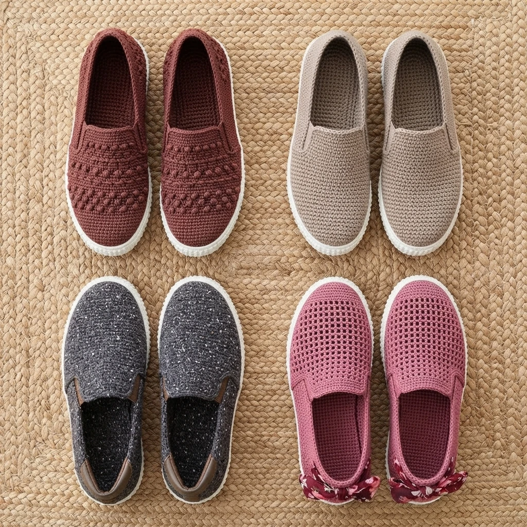 Four pairs of crocheted slip-on shoes with white rubber soles arranged in a two-by-two grid on a woven jute mat, in rust red, beige, dark gray, and pink.