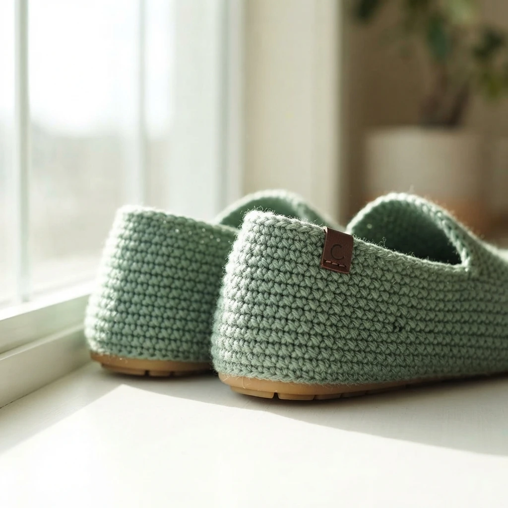 Sage green crochet slip-on shoes with tan rubber soles on a bright windowsill