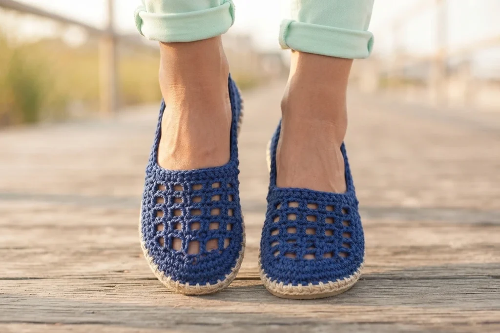 Blue crocheted slip-on shoes with openwork window stitching and jute-style stitching around the rubber soles, worn with rolled mint trousers on a wooden boardwalk