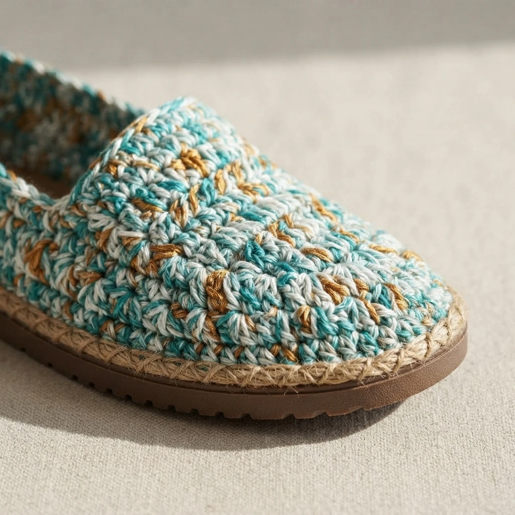 Close-up of the toe of a crochet slip-on shoe in variegated teal, white and mustard yarn, with jute-style stitching around a brown rubber sole.