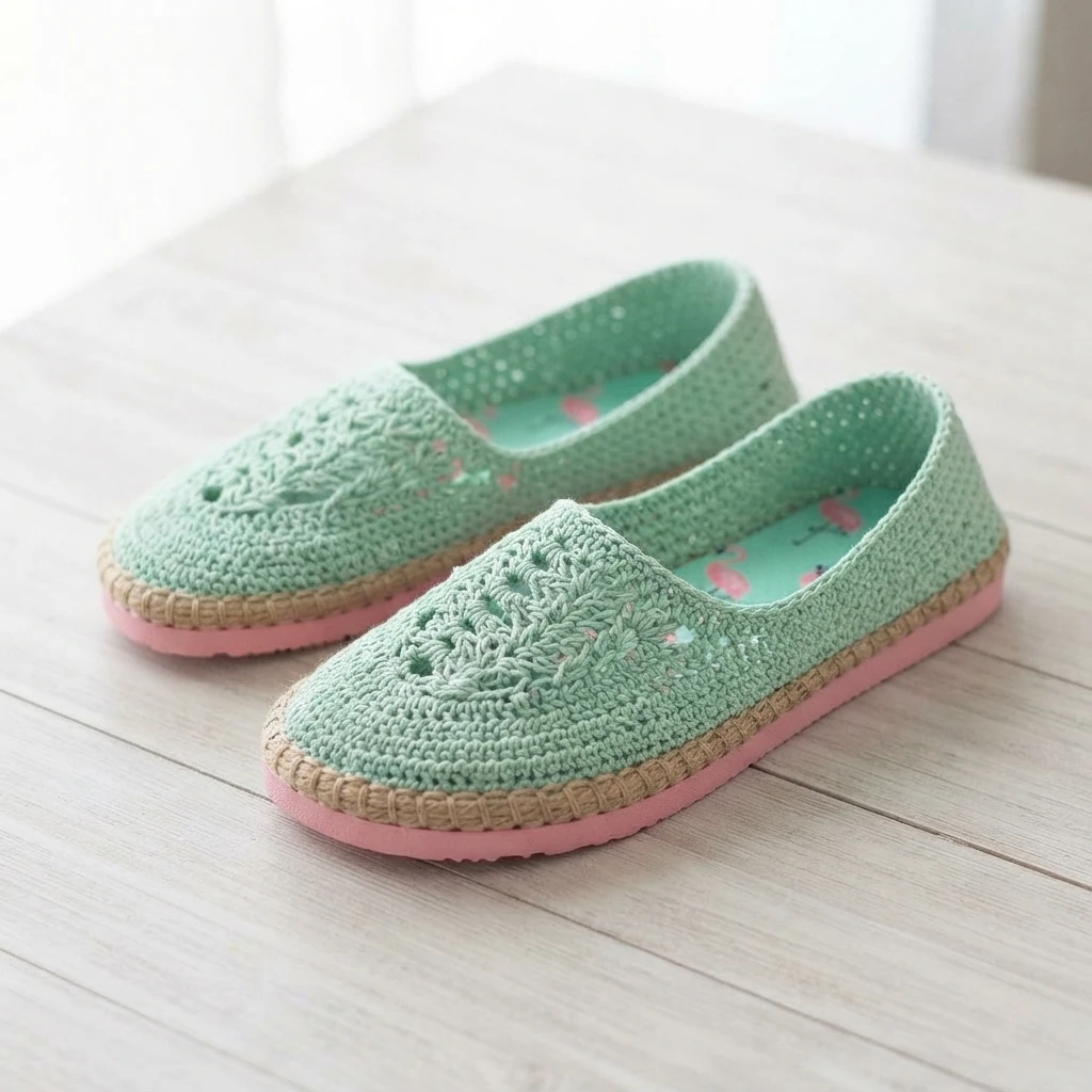 Pair of mint green crochet slip-on shoes with openwork toe detail and pink rubber soles on a light wooden surface.