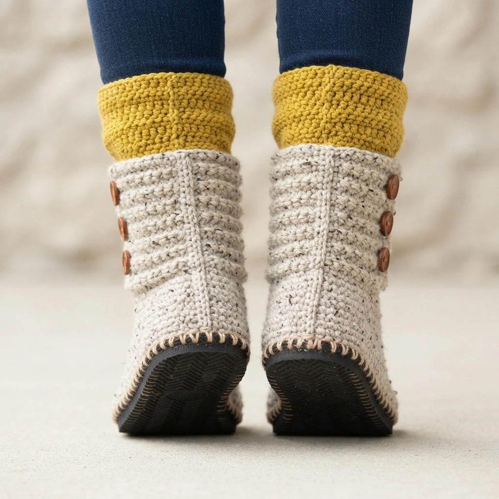 Back view of two crocheted boots with speckled light gray shafts, mustard yellow cuffs, brown side buttons and dark rubber soles, worn with dark jeans.