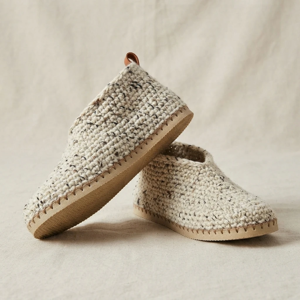 Pair of cream speckled crochet slip-on shoes with rubber soles, one shoe leaning against the other